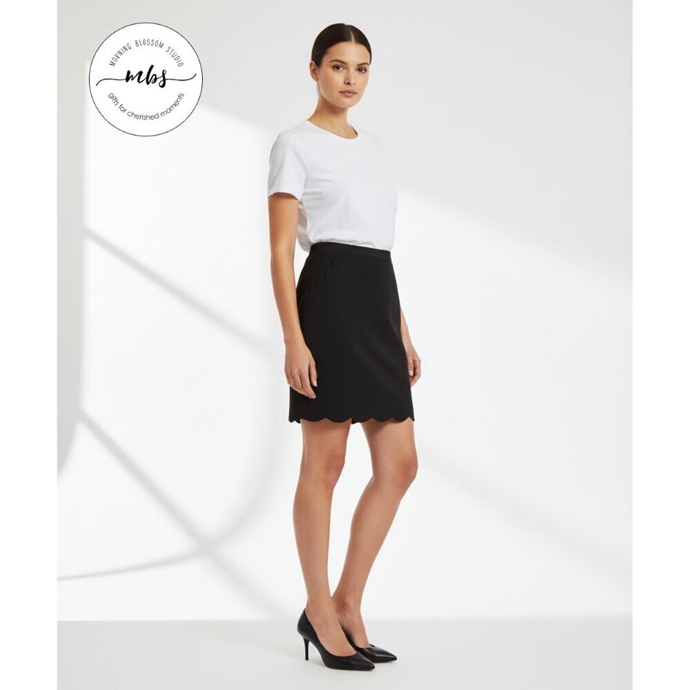 NWOT Skies Are Blue Berenice Scalloped Hem‎ Midi Skirt Black Women M